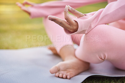 Buy stock photo Yoga, meditation and black woman for wellness, health and workout on yoga mat for fitness. Healthy female, girl or lady being calm, relax for mind or peaceful for training, lotus position or meditate