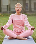 Meditation, yoga and woman training in a park for calm, peace and relax for her mind. Young girl with zen energy during spiritual exercise for wellness, health and motivation with faith in a garden