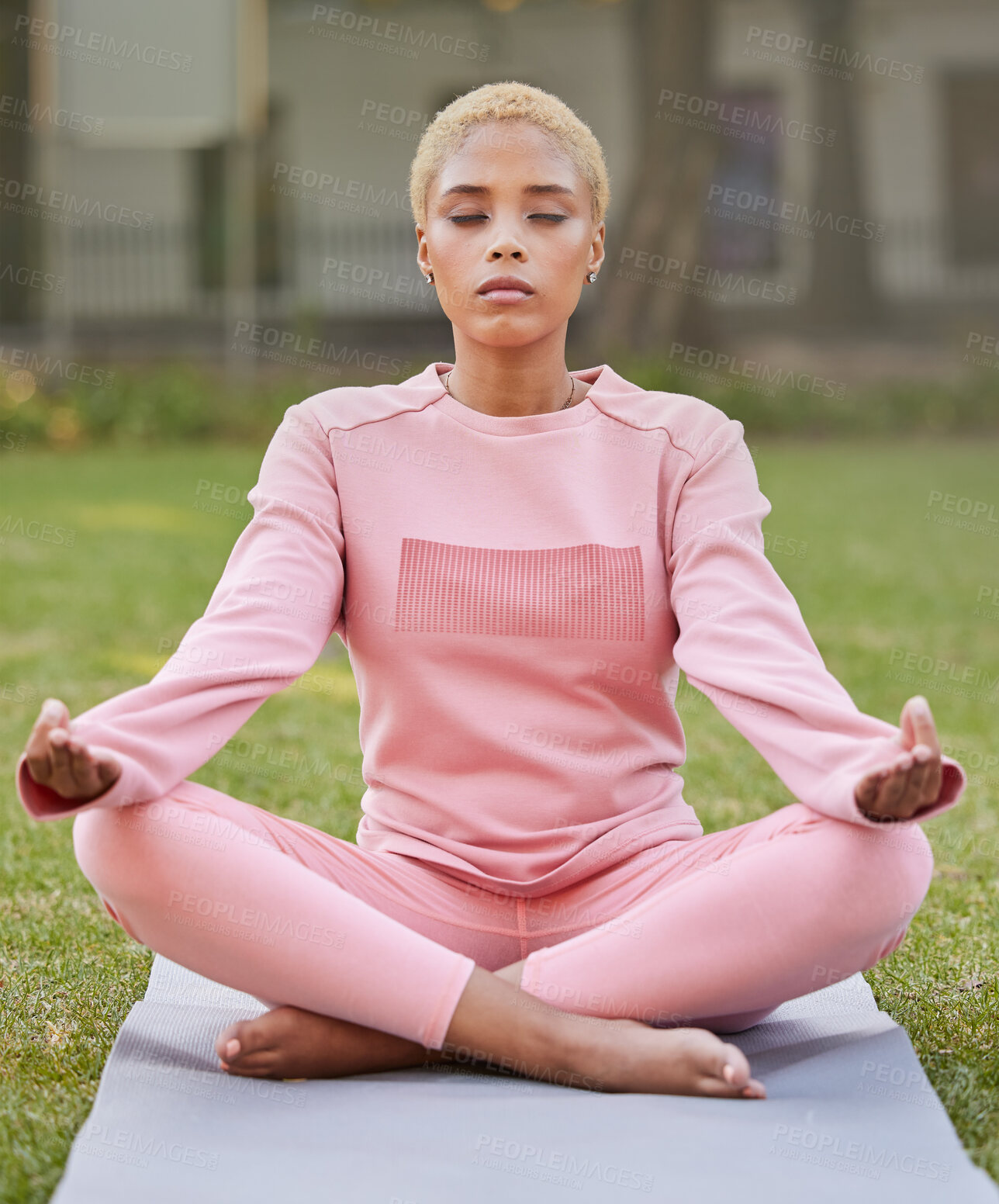 Buy stock photo Meditation, yoga and woman training in a park for calm, peace and relax for her mind. Young girl with zen energy during spiritual exercise for wellness, health and motivation with faith in a garden