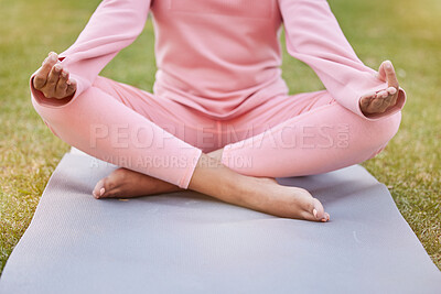 Buy stock photo Meditation, grass and body of woman in lotus yoga position for wellness, spiritual balance and zen pilates training. Peace, nature freedom and relax girl meditate for health and chakra energy healing