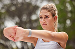 Woman, stretching and fitness outdoor, arm with exercise and workout, ready to run or yoga with pilates for active lifestyle training. Young healthy athlete, focus and warm up, cardio and endurance.