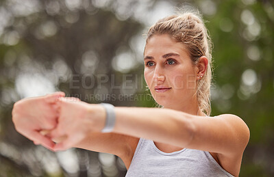 Buy stock photo Woman, stretching and fitness outdoor, arm with exercise and workout, ready to run or yoga with pilates for active lifestyle training. Young healthy athlete, focus and warm up, cardio and endurance.