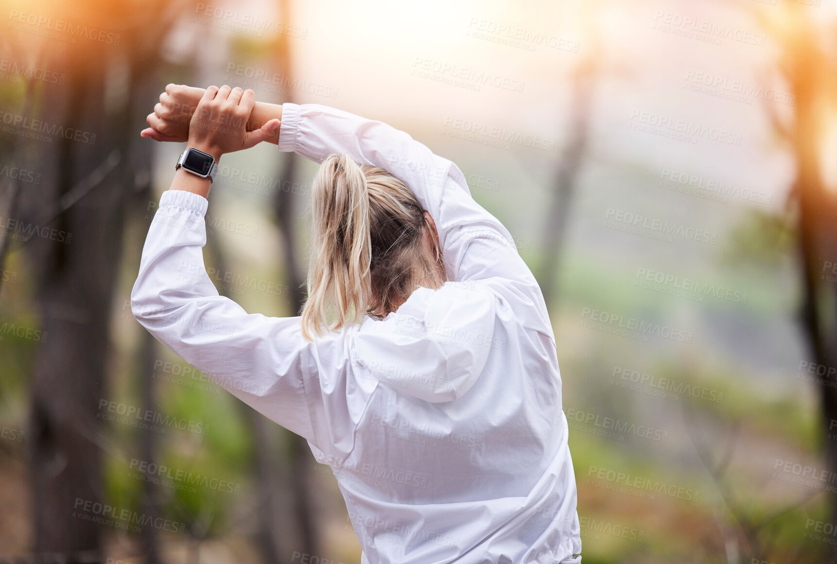 Buy stock photo Stretching, arms and woman training in the woods for fitness, marathon and body goal in nature. Back of an athlete doing a warm up before running, exercise and an outdoor workout in the forest