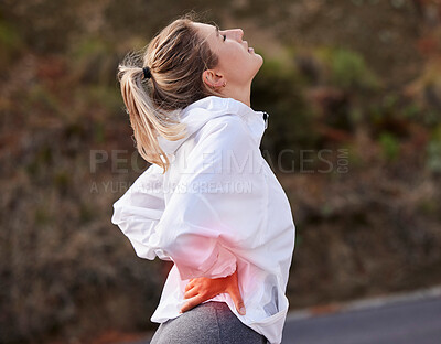 Buy stock photo Woman, back pain and exercise, fitness injury and muscle ache, inflammation while training for sport outdoor. Runner, athlete and health, hurt and backache during run, cardio in road and healthcare.