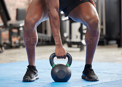 Buy stock photo Gym, strong and fitness hand with kettlebell for body builder training, workout and cardio. Bodybuilder, exercise and muscle strength and endurance practice for athlete man at wellness club.
