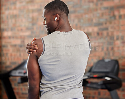 Buy stock photo Black man, arm pain and injury from sports in gym after exercise, fitness workout and training, massage muscle for fibromyalgia. Bad health, tired and athlete bodybuilder guy with orthopedic problem
