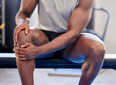 Buy stock photo Knee pain, fitness and sports black man injury at gym after workout exercise. Closeup male athlete orthopedic problem, fibromyalgia emergency and medical arthritis during leg training at health club