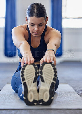 Buy stock photo Yoga, woman and stretching for meditation, fitness and wellness for fitness, health and workout on yoga mat for focus. Female athlete, healthy lady and breath balance exercise, training or sportswear