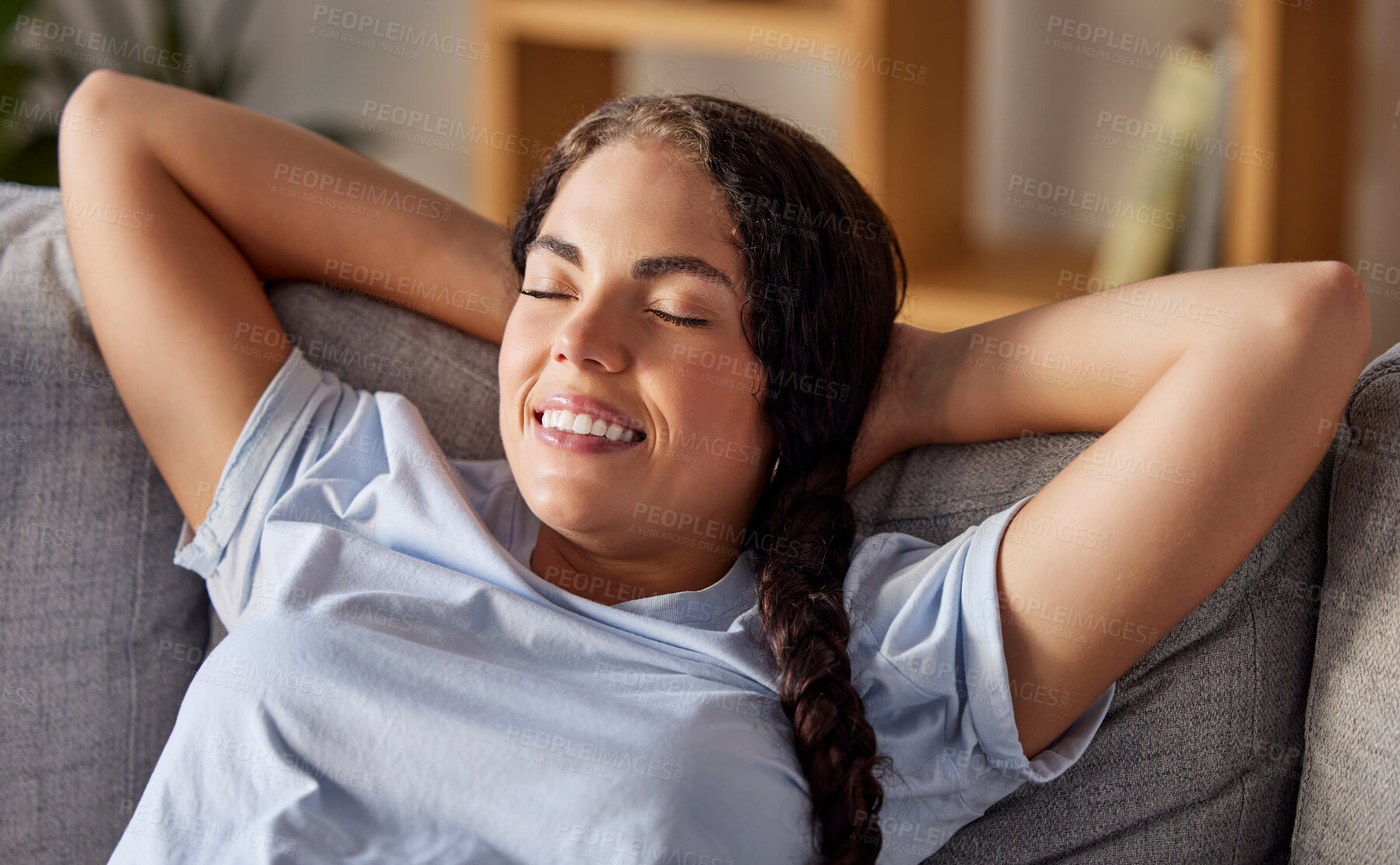 Buy stock photo Woman, smile and relax on sofa in living room with happy on vacation, holiday or break in house. Happiness, home and couch with lady in freedom, self care and calm in lounge, wellness and health