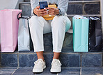 Shopping, phone and retail woman on stairs online relaxing with store gifts, choice and purchase. Present, sale and black friday deal girl on smartphone for internet leisure resting with bags.

