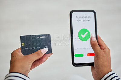 Buy stock photo Phone screen, credit card and woman hands for digital transaction, online shopping and ecommerce application technology with mock up for marketing. Smartphone, banking and customer on web fintech ux