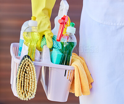 Buy stock photo Cleaning, tools and cleaner carrying basket with liquid soap, brush and detergent spray bottle. Closeup of products for washing, hygiene and clean supplies for housekeeper, maid or domestic worker