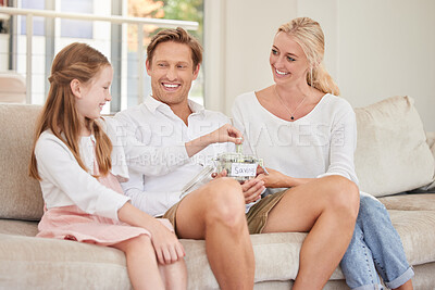 Buy stock photo Mother, father and child saving money as a happy family learning budgeting, finance and cash skills together. Dollars, mom and dad love teaching girl financial growth and savings investment education