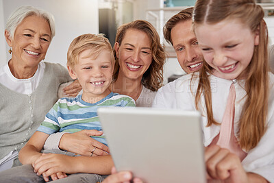 Buy stock photo Big family, children and tablet for elearning, online education and learning website on home sofa with parents and grandparents. Happy women and man with kids for internet game or video call
