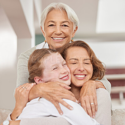 Buy stock photo Grandmother, mother and girl with hug, bonding and embrace being loving, smile and happy together at home. Love, grandma and mama with daughter have fun, happiness and spend weekend to connect