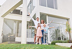Happy, family and home investment real estate of people that celebrate new property outdoor. Man realtor, mother and children with happiness, smile and a love for a house with excited kids and parent