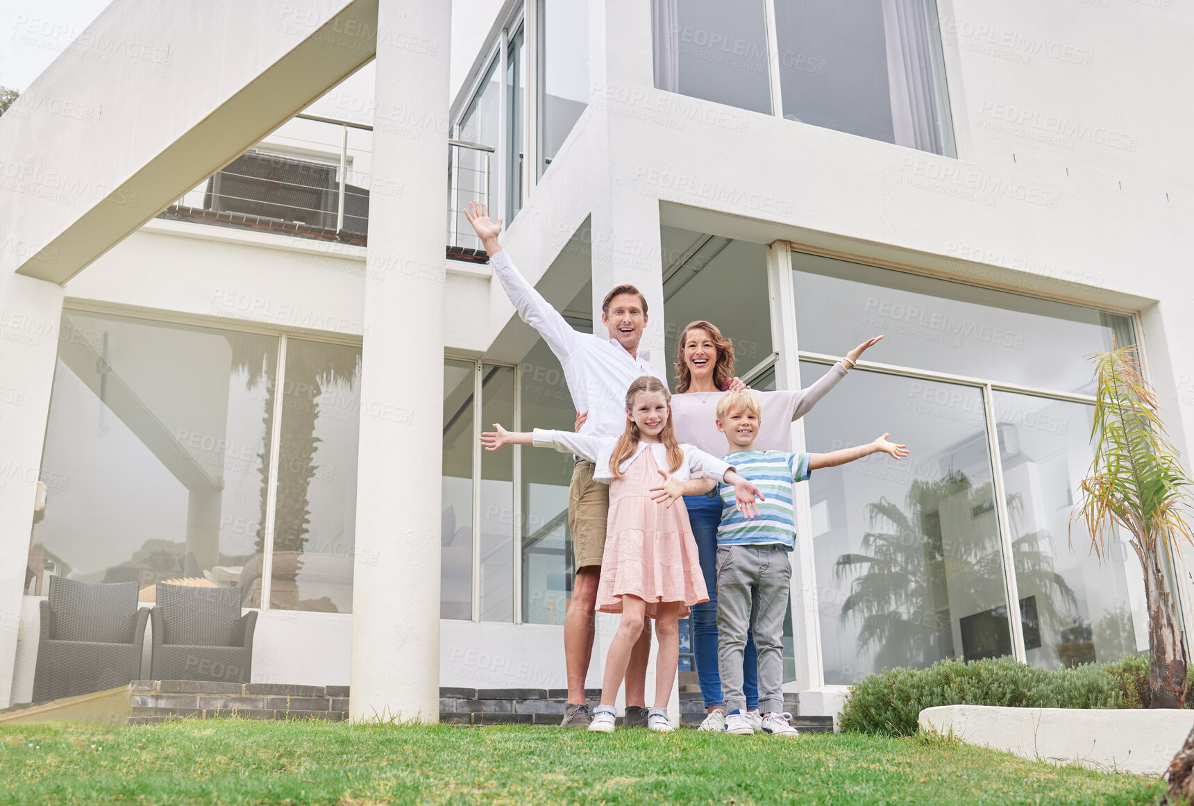 Buy stock photo Happy, family and home investment real estate of people that celebrate new property outdoor. Man realtor, mother and children with happiness, smile and a love for a house with excited kids and parent