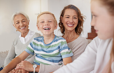 Buy stock photo Happy family, mother and kids relax with grandma in a living room, laughing, talking and bonding in their home. Love, family and multi generation people enjoying conversation, laughter and joy
