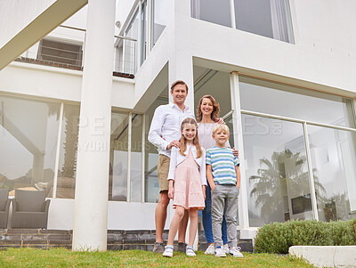 Buy stock photo Mother, father and kids in real estate home for happy family portrait and wealthy lifestyle in the outdoors. Mama, dad and children together for insurance, mortgage and new house in accommodation