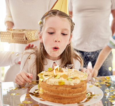 Buy stock photo Birthday, kid and cake candles celebration of a girl from Germany at a party in home. Celebrate, happy and candle blowing of child with happiness, food and people or family at a kids event in a house