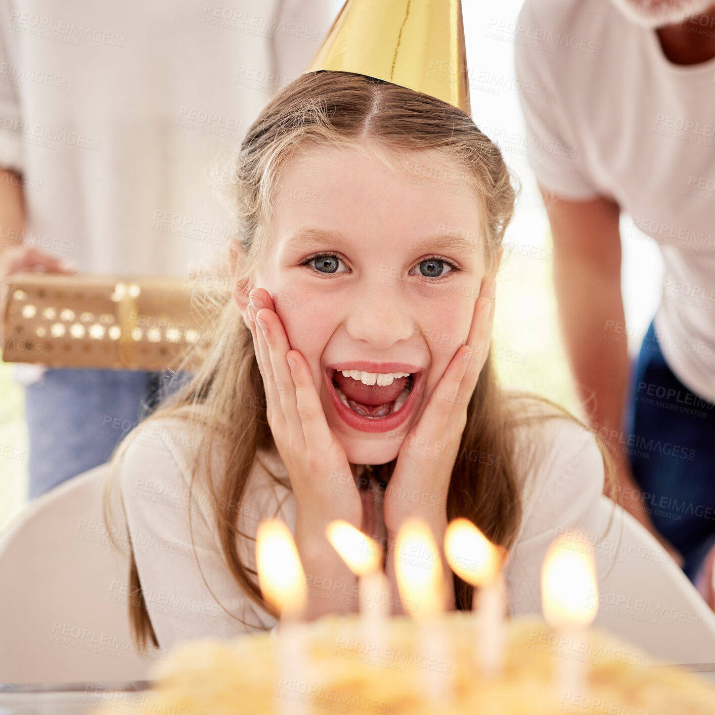 Buy stock photo Happy, girl and birthday surprise by candles in celebration, happiness and wow facial expression at home. Portrait of female teenager celebrating special day with family by cake with smile for wish