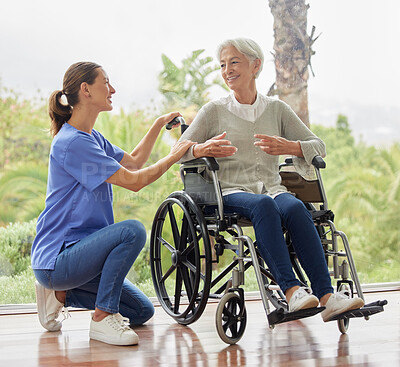 Buy stock photo Disability, senior woman in wheelchair and nurse have conversation, talking and about healthcare assistance. Doctor, mature female and lady give medical advice, discuss treatment and nursing home.