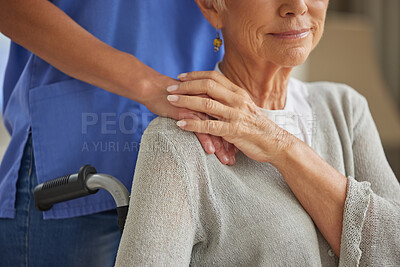Buy stock photo Hand, nurse and elderly woman patient with disability holding hands homecare worker for empathy, kindness and healthcare support. Caregiver, volunteer and trust help for senior woman in wheelchair