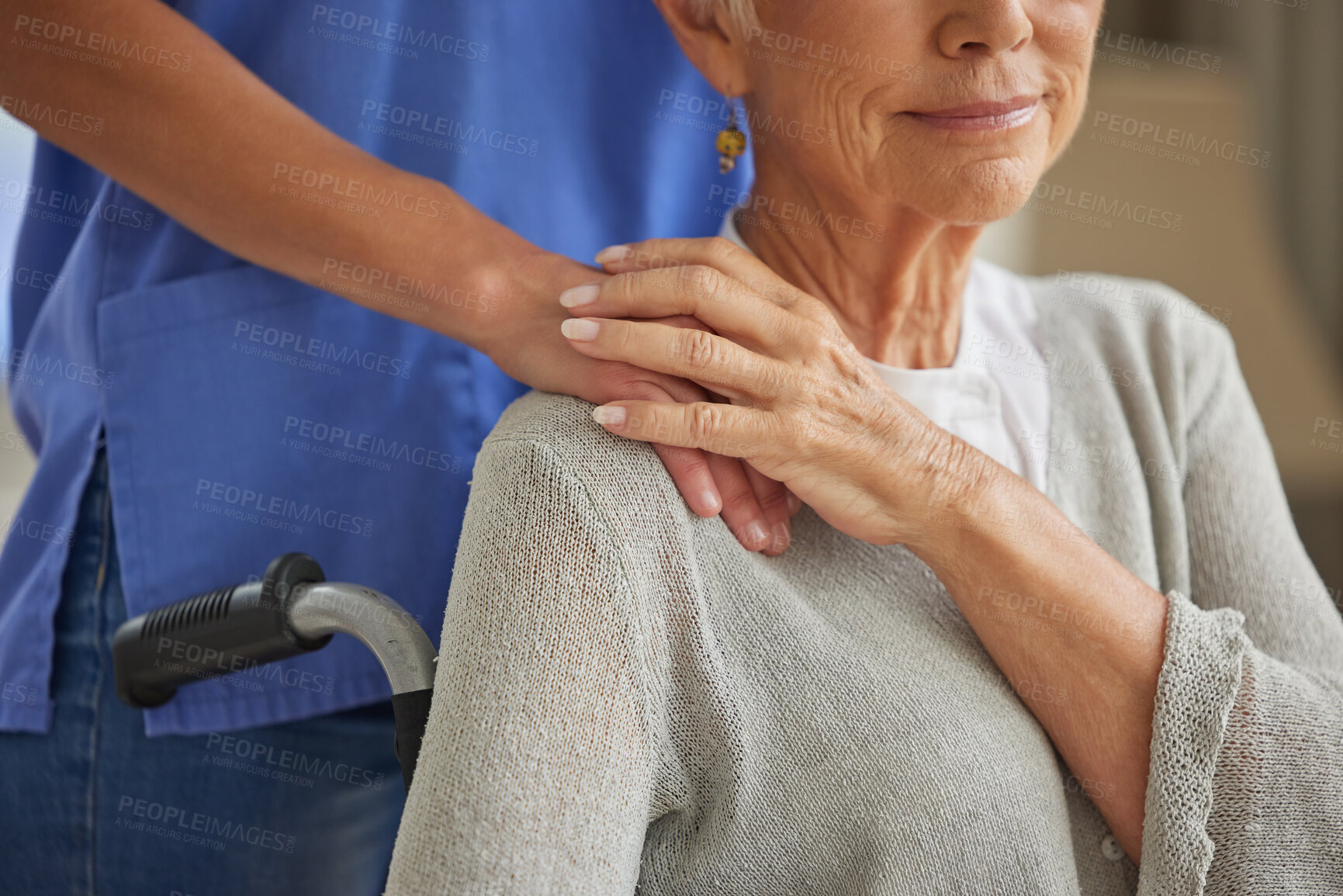 Buy stock photo Hand, nurse and elderly woman patient with disability holding hands homecare worker for empathy, kindness and healthcare support. Caregiver, volunteer and trust help for senior woman in wheelchair