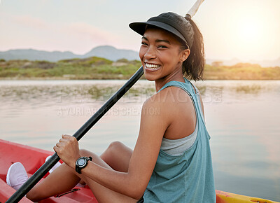 Buy stock photo Relax, smile and kayak with woman on lake for summer, travel and vacation in nature. Adventure, happy and lifestyle with portrait of girl in boat and paddle in water for fitness, holiday and peace
