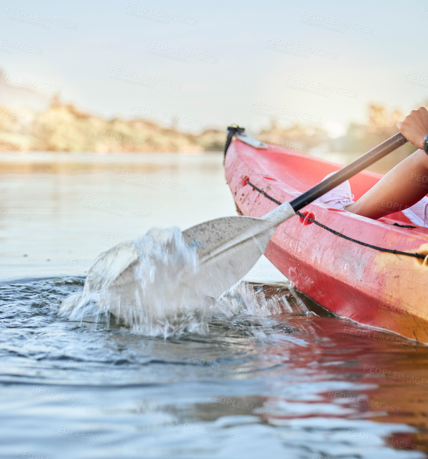 Buy stock photo Calm lake, water sport and woman on kayak adventure for summer travel trip canoeing, kayaking and using paddle on river. Exercise, vacation or holiday with female enjoying rafting or boat activity 