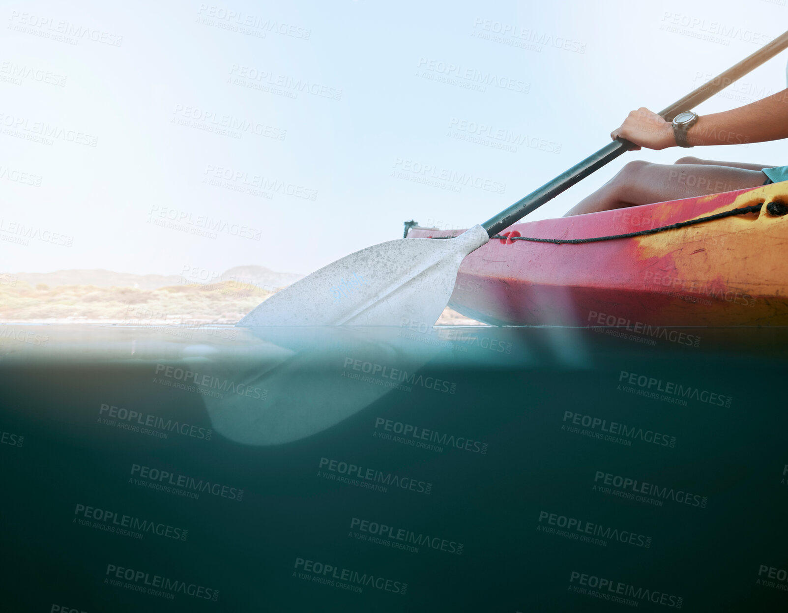 Buy stock photo Lake, water sport and woman on kayak summer adventure, travel or trip canoeing, kayaking and using paddle on calm sea. Exercise, vacation or holiday with female enjoying healthy boat activity 