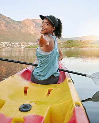 Buy stock photo Kayak, smile and portrait of a happy woman on a lake while on summer adventure, vacation or holiday. Travel, freedom and girl from Mexico on a paddle boat in water for fun fitness exercise in nature.