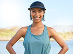Lake, sport and fitness portrait of woman ready for outdoor activity in the sunshine with smile. Healthy, wellness and nature girl excited for workout with visor for summer sports in Mexico.

