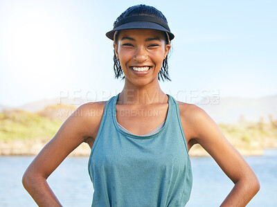 Buy stock photo Lake, sport and fitness portrait of woman ready for outdoor activity in the sunshine with smile. Healthy, wellness and nature girl excited for workout with visor for summer sports in Mexico.

