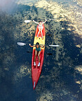 Friends kayak adventure, success and sport teamwork travel together outdoors. Happy women celebrate, cheering and winner paddle on vacation, river holiday or summer happiness break aerial view
