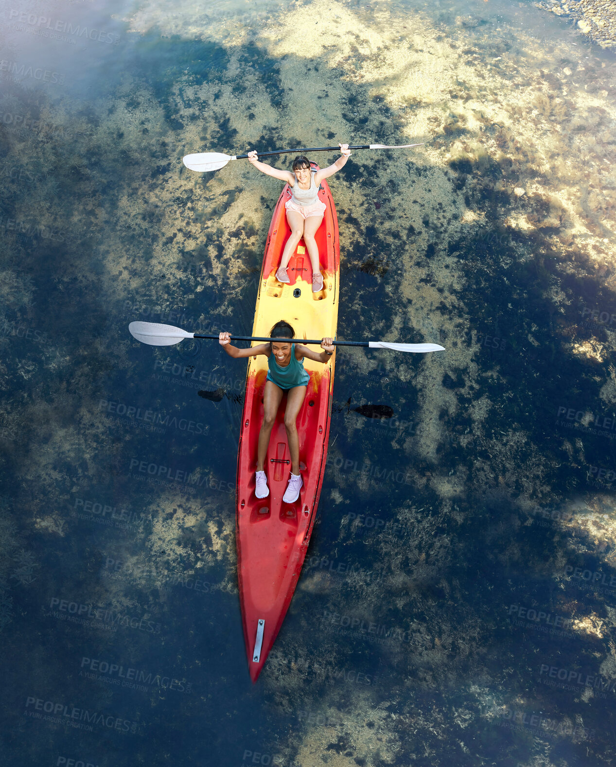 Buy stock photo Friends kayak adventure, success and sport teamwork travel together outdoors. Happy women celebrate, cheering and winner paddle on vacation, river holiday or summer happiness break aerial view
