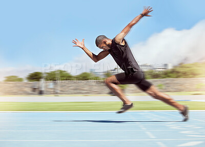 Buy stock photo Fitness, sports and runner running with speed, fast and with determination in training, exercise and cardio workout. Wellness, action and athlete sprinter sprinting in practice on race track in USA