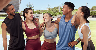 Fitness, friends and happy social team in sports, exercise or cardio workout at the stadium. Athletic people laughing enjoying conversation, friendship and communication in healthy wellness together