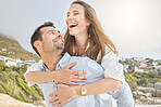 Beach couple, piggy back and love, happiness and care honeymoon, holiday and summer vacation together in South Africa. Happy man, smile woman and laughing people, romantic dates and relax sea freedom