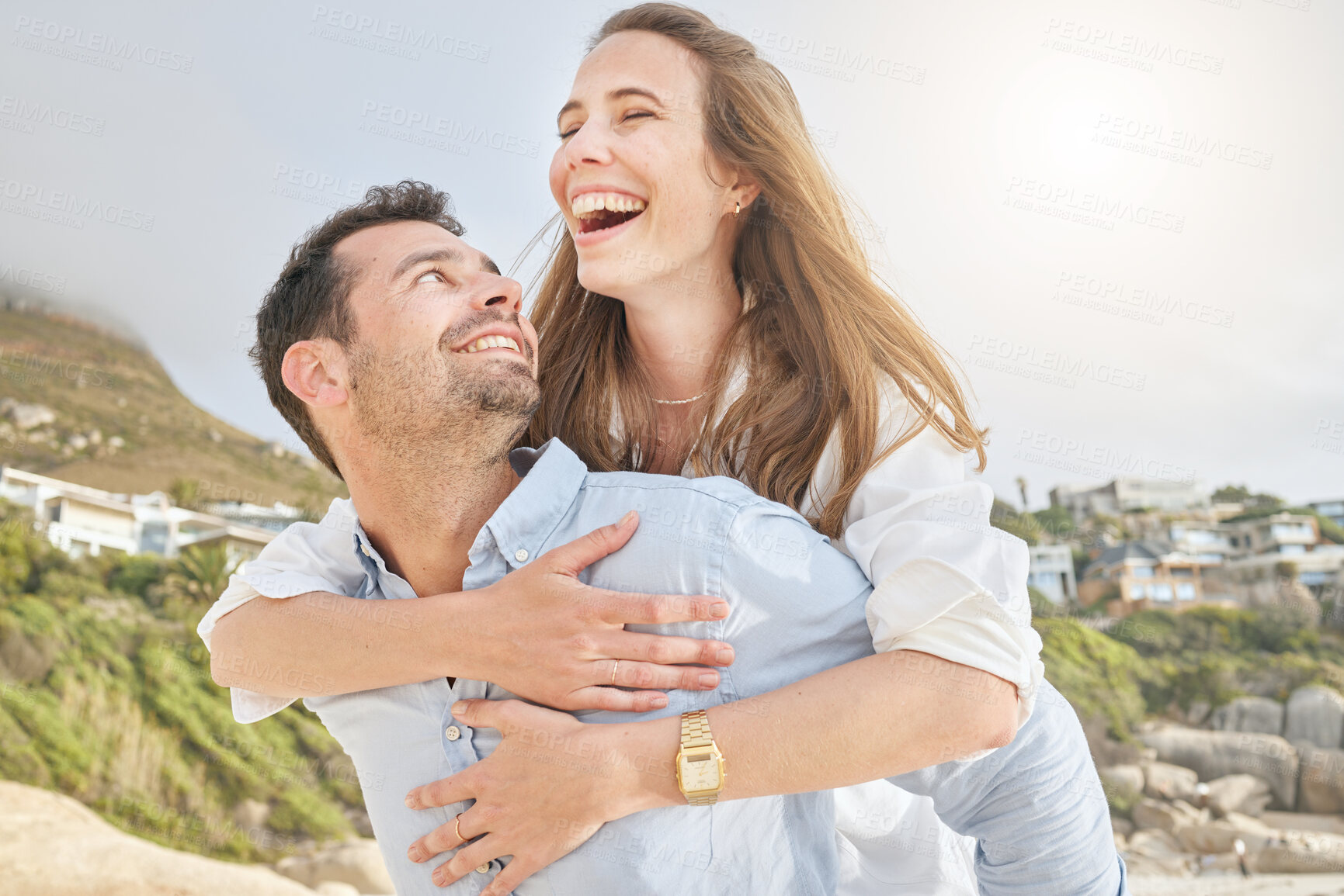 Buy stock photo Beach couple, piggy back and love, happiness and care honeymoon, holiday and summer vacation together in South Africa. Happy man, smile woman and laughing people, romantic dates and relax sea freedom