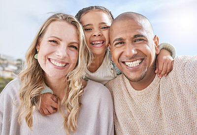 Buy stock photo Mom, dad and girl in portrait with diversity, smile and multicultural together in sunshine outdoor. Woman, black man and girl on vacation, holiday or travel for happy, time and family in summer