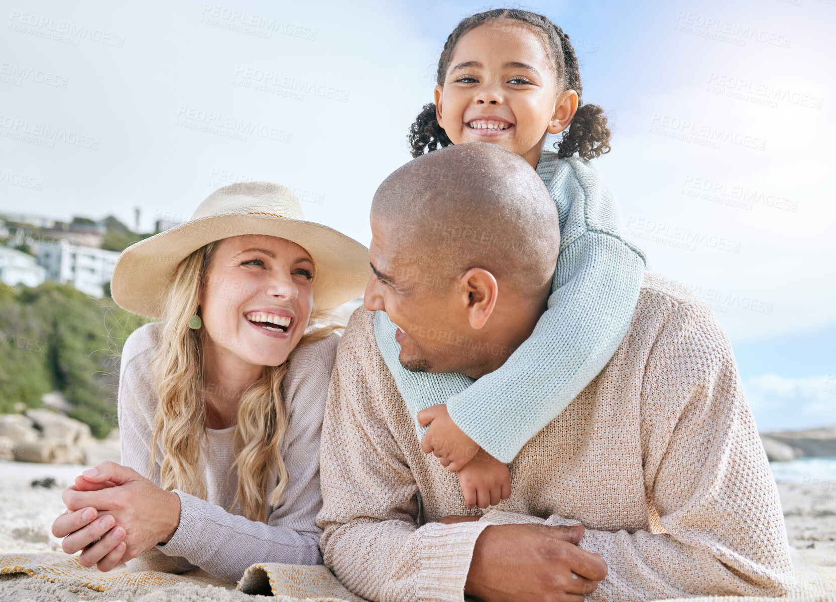 Buy stock photo Beach, family and child relax on sand for outdoor holiday with sky mock up. Mother, father and girl kid with vacation together on island with sea or ocean water and blue sky mockup background