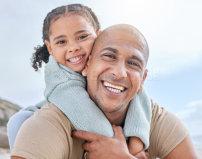 Buy stock photo Happy, father and child hug with smile for family quality bonding time together in the outdoors. Portrait of dad and kid piggyback smiling in joyful happiness for carefree summer vacation in nature