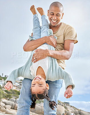 Buy stock photo Happy family, beach and father with daughter having fun upside down fun on Florida vacation. Family, girl and parent in carry flip at sea in Mexico, laughing, happy and enjoying their bond in nature