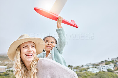 Buy stock photo Happy, mother and Girl with airplane toy on travel vacation seaside for fun activity with adoption. Smile, woman and kid on tropical family holiday in costa rica with daughter and mom enjoy playing