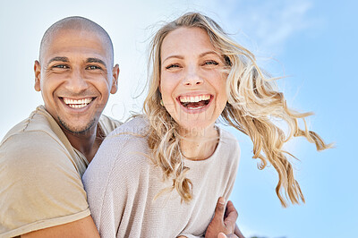 Buy stock photo Love, blue sky and diversity couple hug, laugh and enjoy fun quality time together on travel vacation date. Happy, smile and romantic black man, woman or excited people bond on Toronto Canada holiday