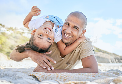 Buy stock photo Family, beach and love with a girl and father on the sand by the coast during summer for a holiday or vacation. Travel, fun and portrait with a man and daughter bonding together on the seashore