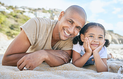 Buy stock photo Dad, beach and girl lying in portrait with happy, smile and love together outdoor in sun. Black man, father and child at ocean, sea or sand for vacation, holiday and family in summer with blanket