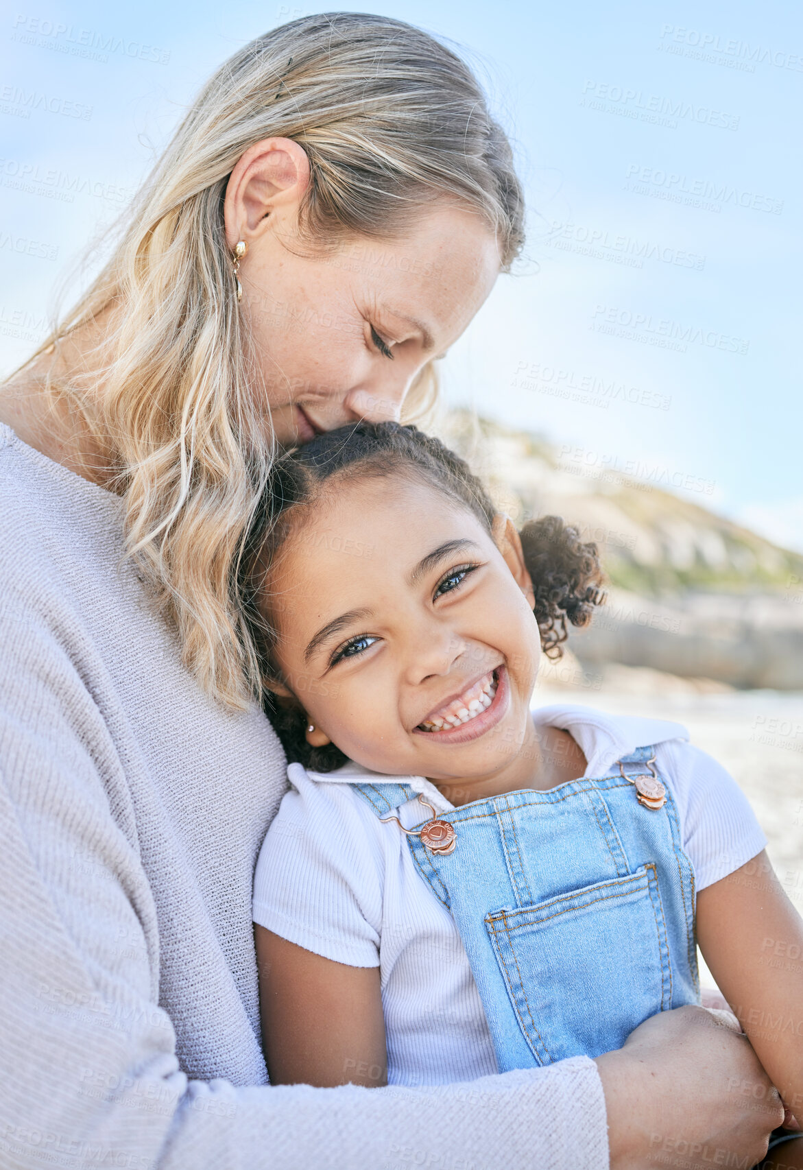 Buy stock photo Mom, adopted girl and love at beach together in summer sun on a family vacation, smile with happiness and enjoy bonding together. Child with a smile, happy mom and affection on Costa Rica holiday