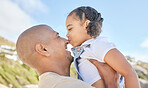 Father, child and nose kiss in nature for fun, love and relationship in family bonding time in the outdoors. Happy dad and kid enjoying summer vacation together in loving childhood and parenting